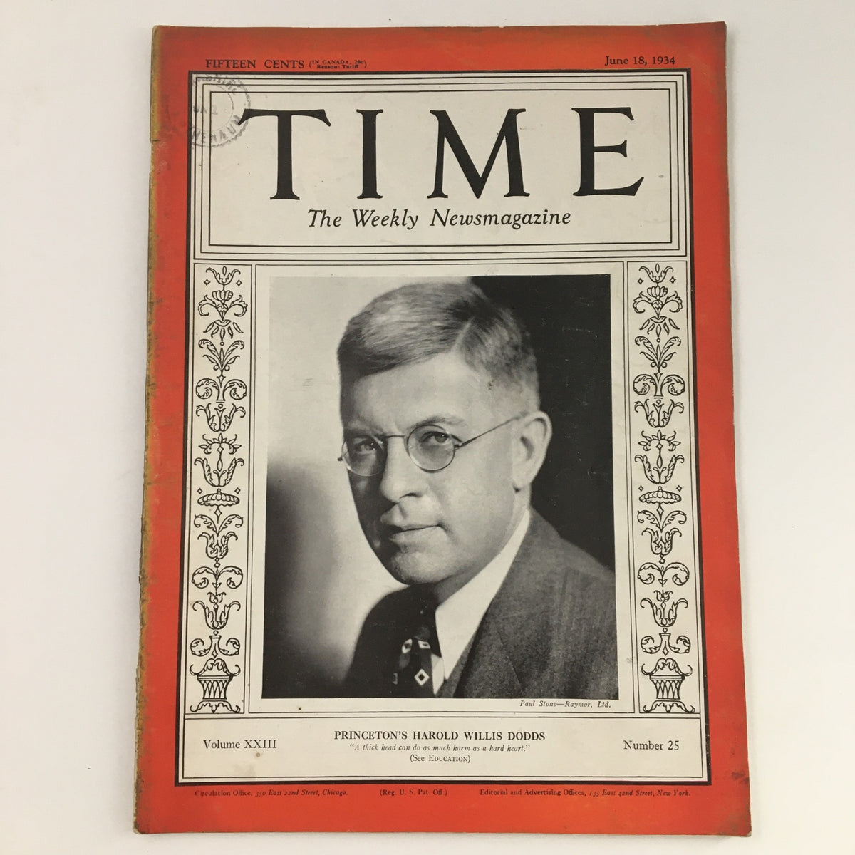 Time Magazine June 18 1934 featuring Princeton University President Harold W. Dodds on the cover. This vintage edition displays the iconic red border and highlights the historical context of the time.