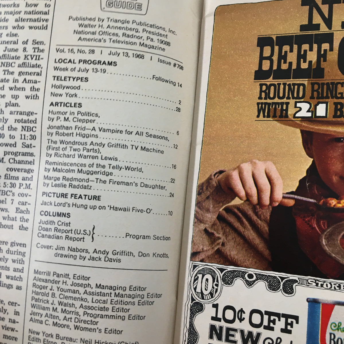 Inside page of TV Guide Magazine July 13 1968 featuring local program listings and articles, highlighting television icons Jim Nabors and Don Knotts in the Washington-Baltimore Edition.