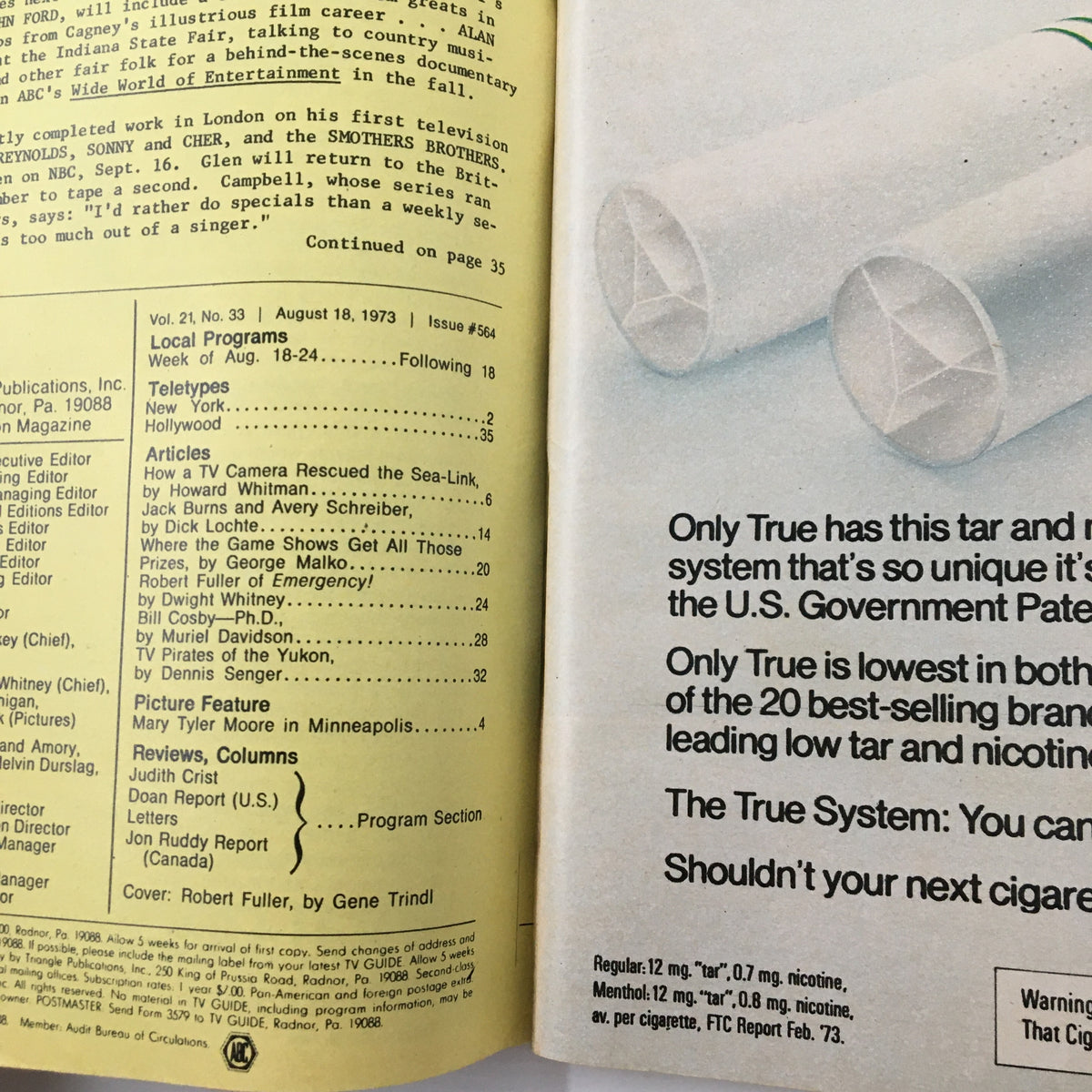 Inside page of TV Guide Magazine August 18 1973 displaying programming details and articles, including a feature on Robert Fuller from 'Emergency!'.