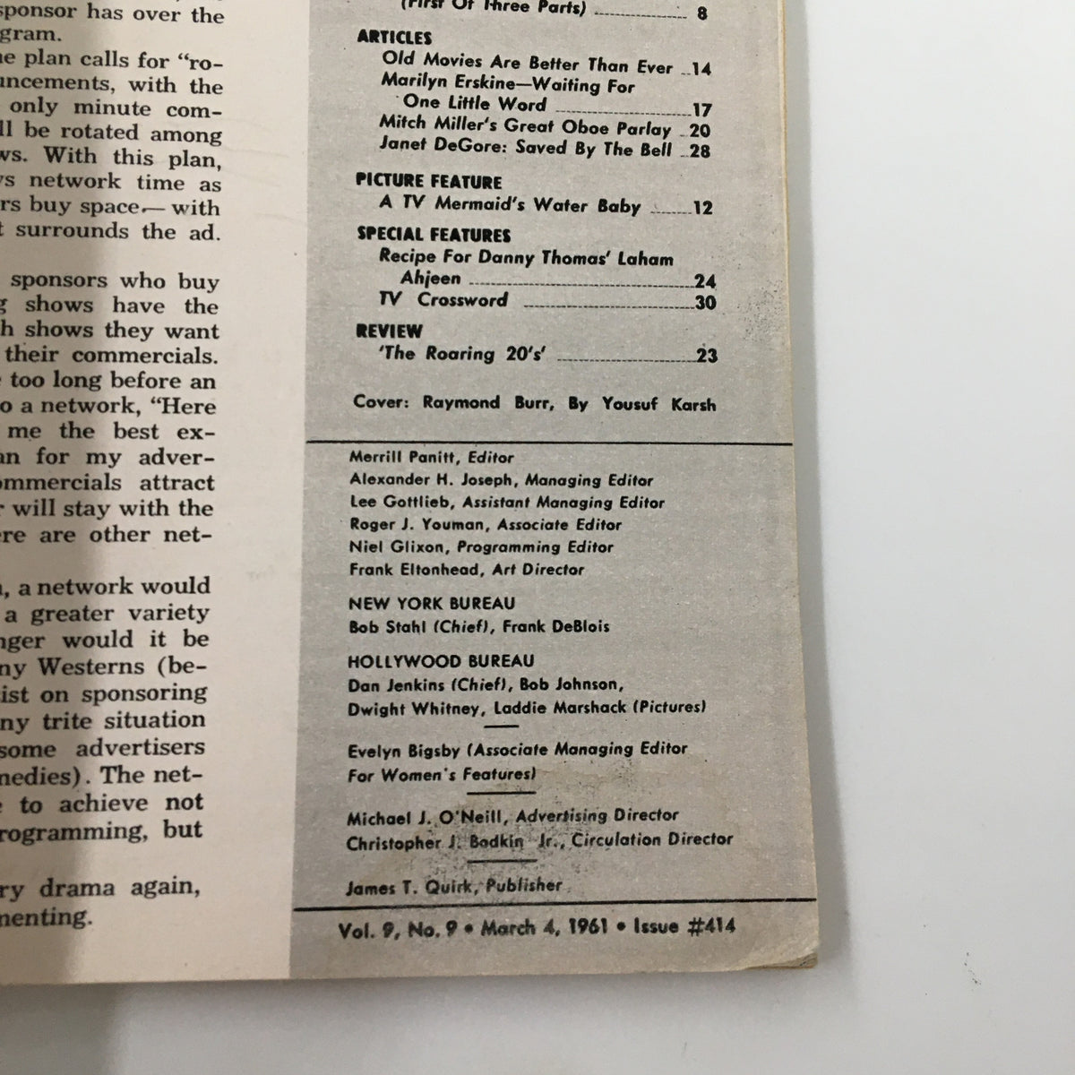 Back cover of TV Guide Magazine March 4 1961, featuring editorial notes and article highlights.