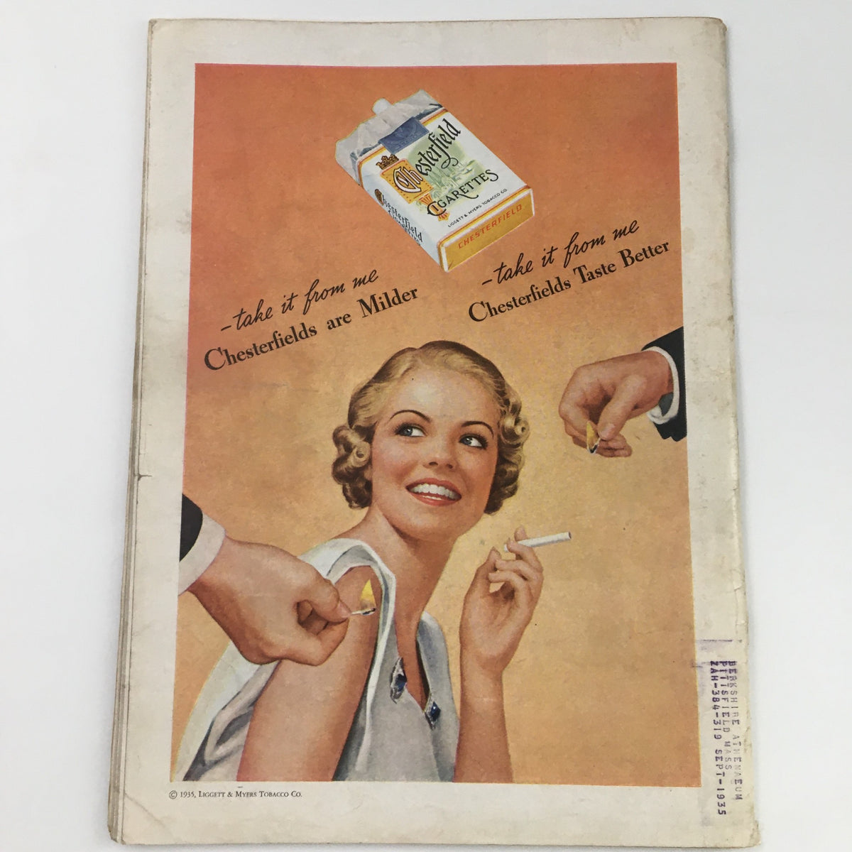 Back cover of Time Magazine March 11, 1935, featuring a vintage Chesterfield cigarette advertisement with a smiling woman promoting Chesterfield's milder taste.