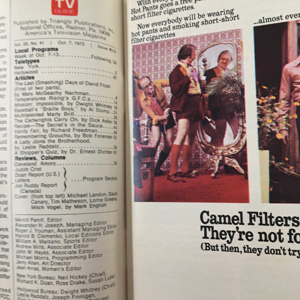 Inside page of TV Guide Magazine, October 7 1972, featuring listings and an advertisement for Camel Filters, Washington-Baltimore Edition.