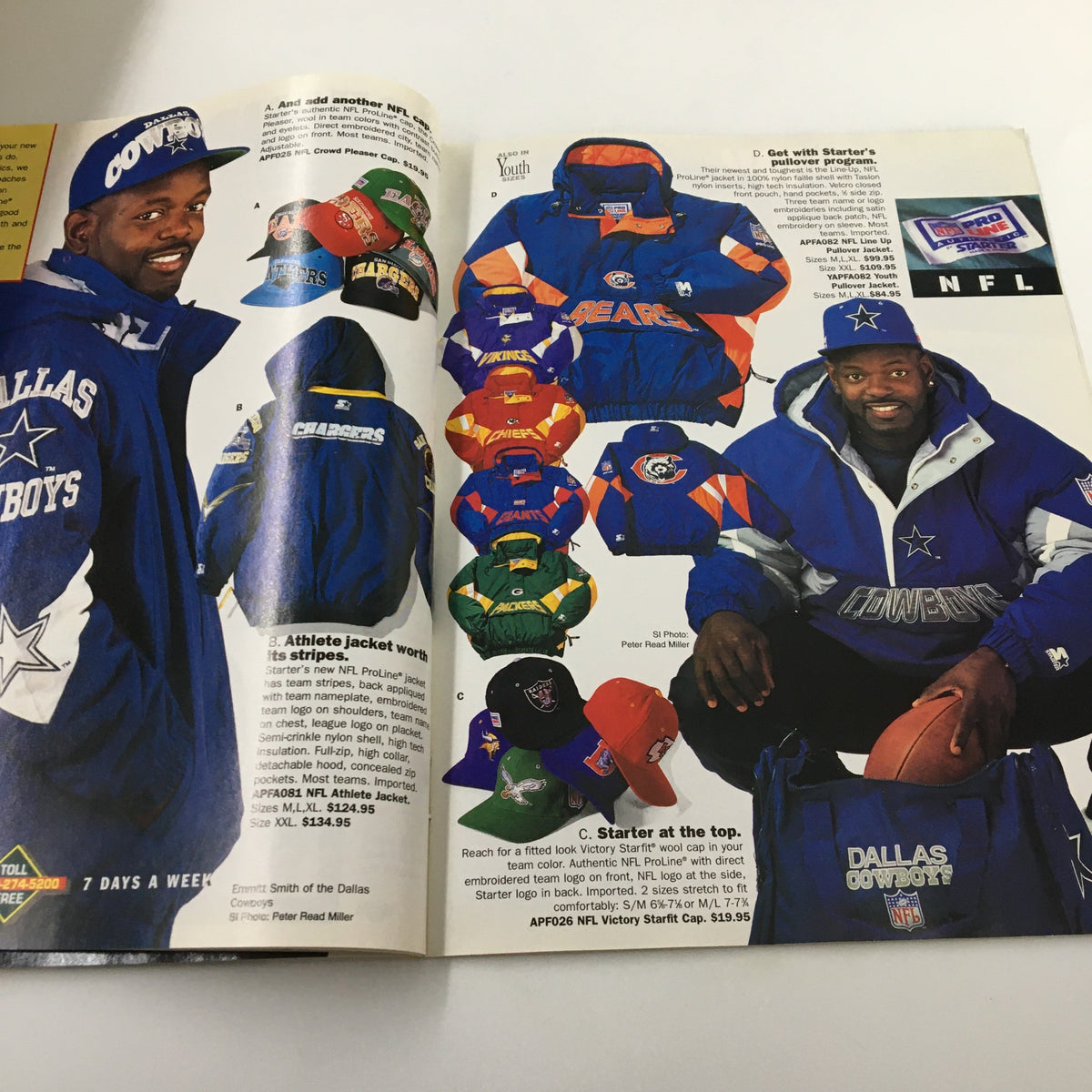 Inside page of Sports Illustrated Magazine Fall 1995 highlighting NFL clothing: Emmitt Smith models Dallas Cowboys gear, illustrating 90s sports fashion.
