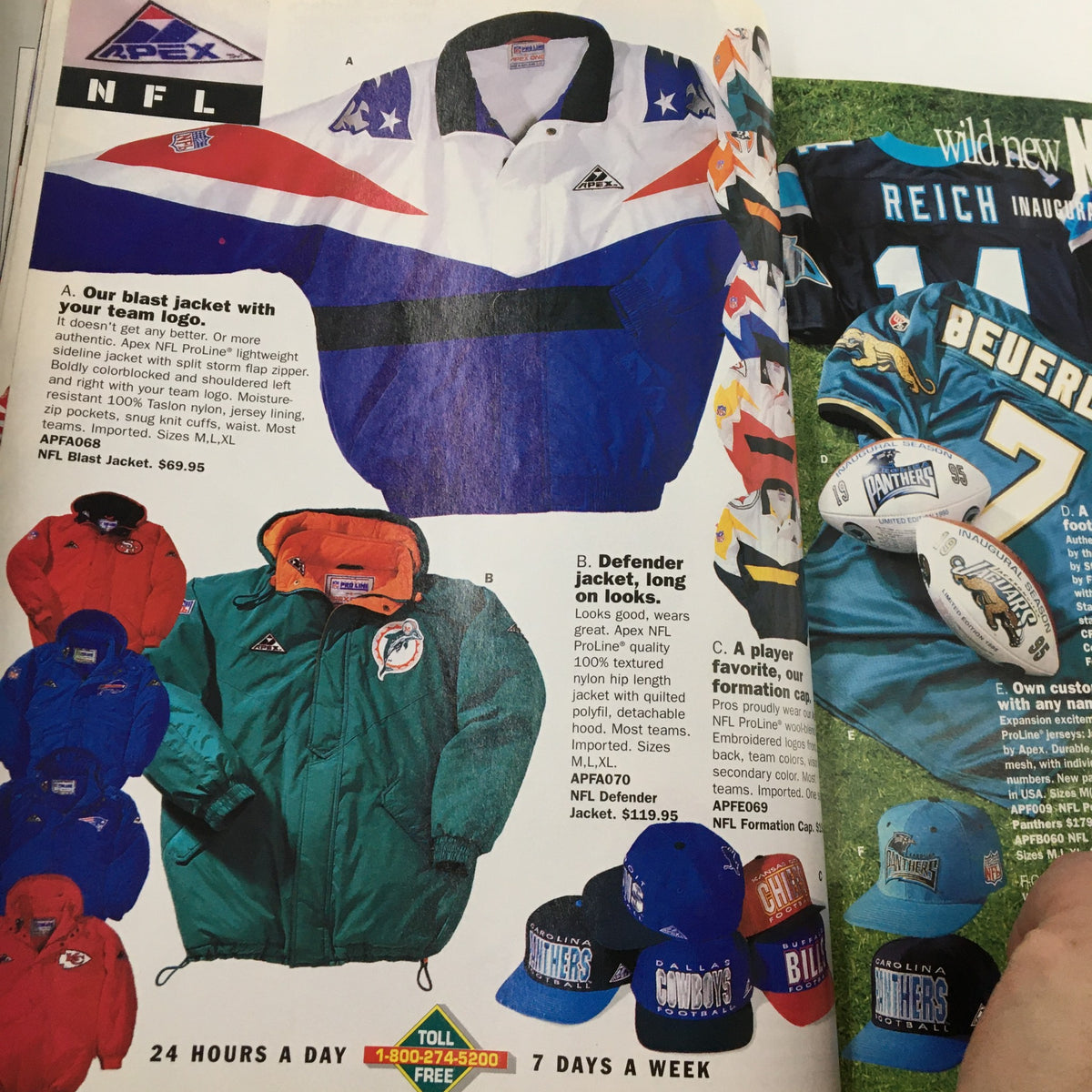 Page from Sports Illustrated Magazine Fall 1995 featuring NFL jackets and caps, showcasing apparel from various teams, reflecting collectible sports items.