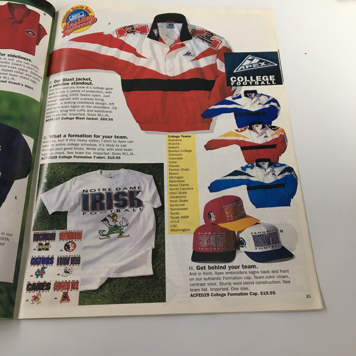 Promotional page from Sports Illustrated Magazine Fall 1995 displaying college football gear including jackets and t-shirts.