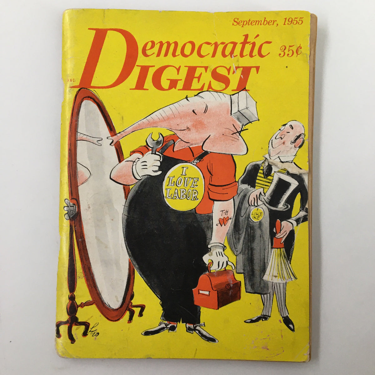 VTG Democratic Digest Magazine September 1955 featuring colorful cover illustration of an elephant holding a wrench, emphasizing the theme 'I Love Labor'.