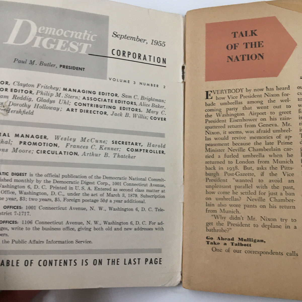 Inside page of the VTG Democratic Digest Magazine September 1955 showcasing the editorial team and the table of contents.