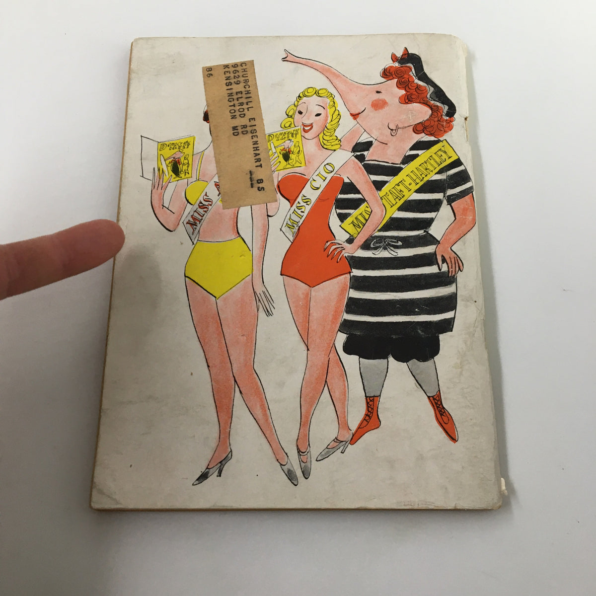 Back cover of the VTG Democratic Digest Magazine September 1955 featuring playful illustrations of women in swimsuits and an elephant character.