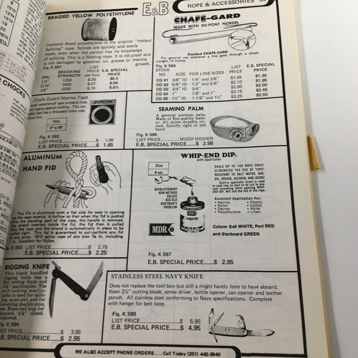 Inside page of the VTG 1973 E&B Marine Supply Complete Marine Buyers Guide Catalog showcasing rope and accessories including chafe guards and knives.
