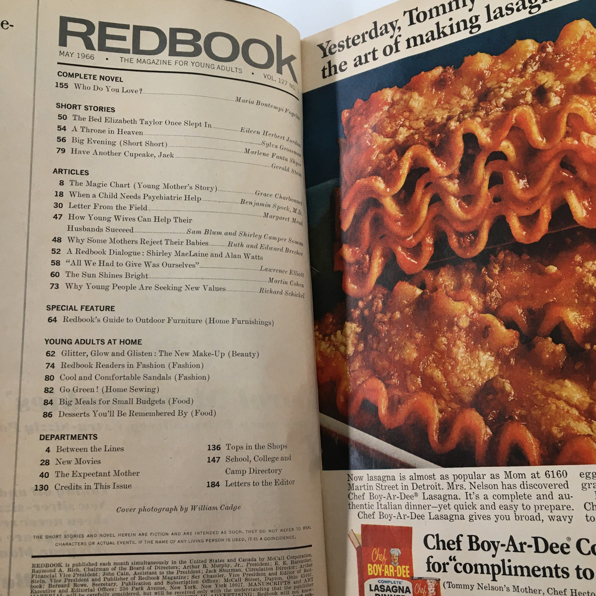 Inside page of VTG Redbook Magazine May 1966 featuring the table of contents with titles, including 'The Bed Elizabeth Taylor Once Slept In' and recipes.
