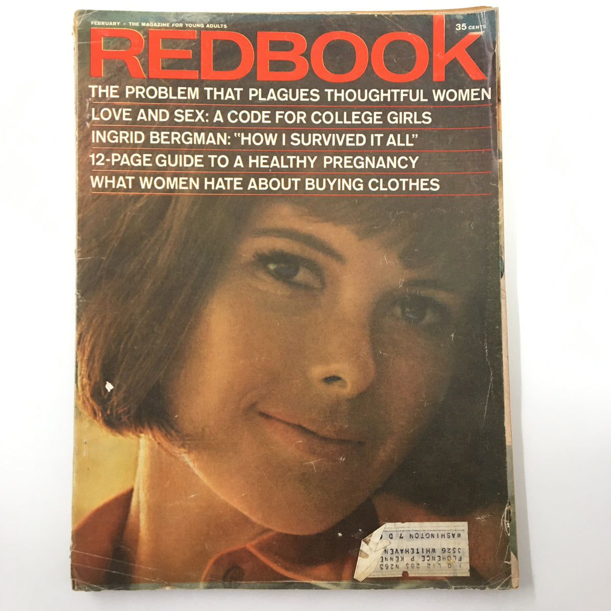 VTG Redbook Magazine February 1964 cover featuring a portrait of a smiling young woman with a vintage hairstyle, along with the magazine's title and featured articles.