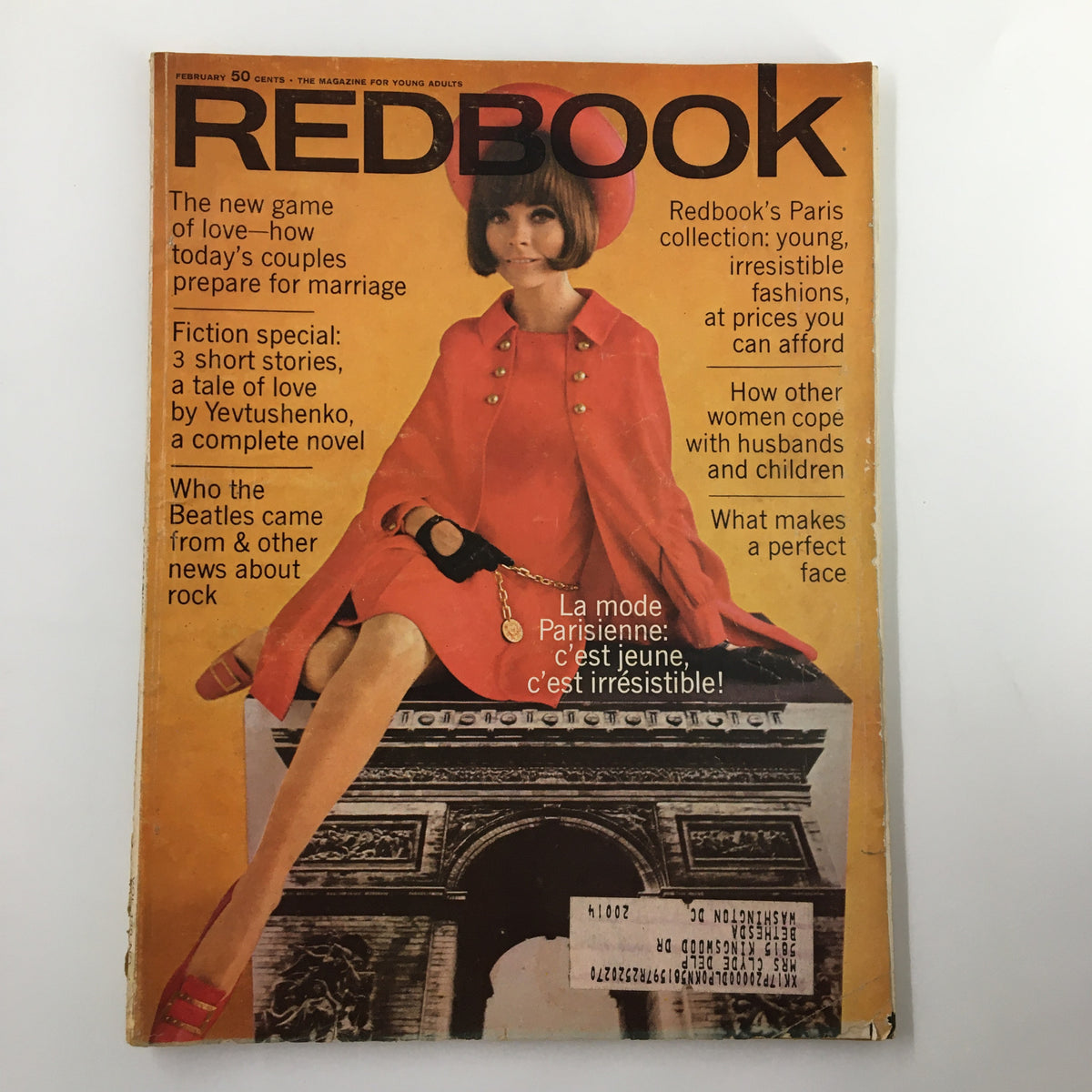 Cover of VTG Redbook Magazine February 1968 featuring fashion from La Mode Parisienne and iconic style highlights from the Paris Collection.