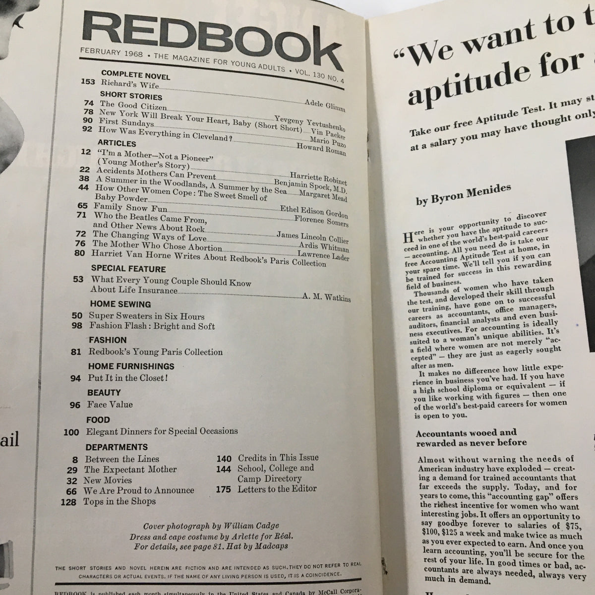 Interior page of VTG Redbook Magazine February 1968, displaying table of contents with featured articles, emphasizing fashion influences from Paris.