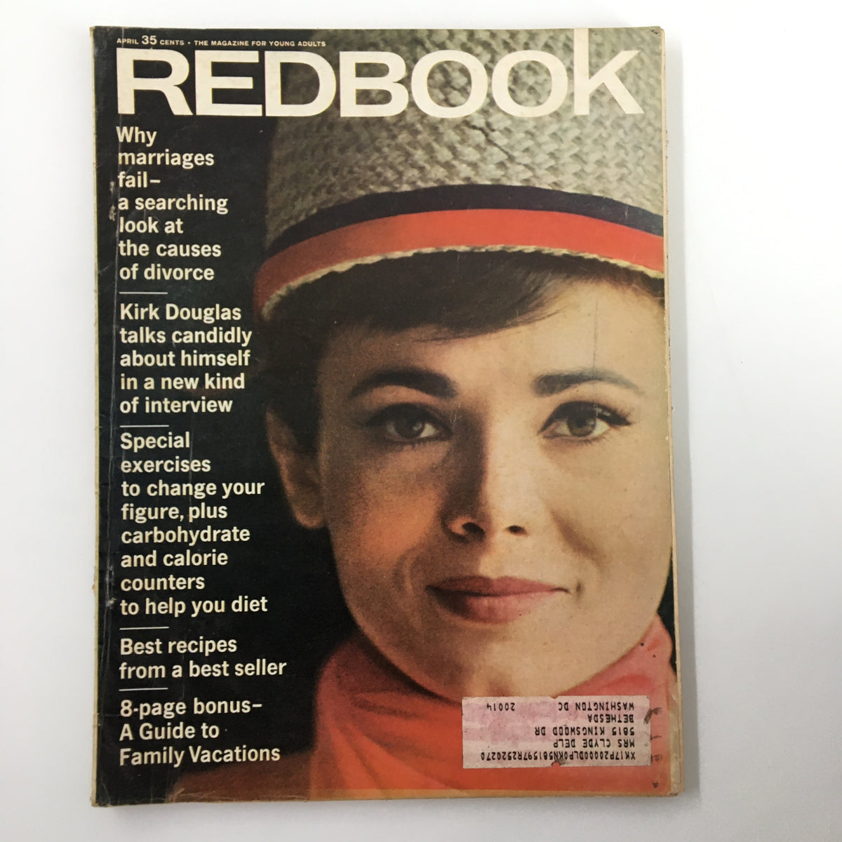 Cover of VTG Redbook Magazine April 1966 featuring an article where Kirk Douglas talks candidly about himself, along with articles on marriage, dieting, and family vacations.