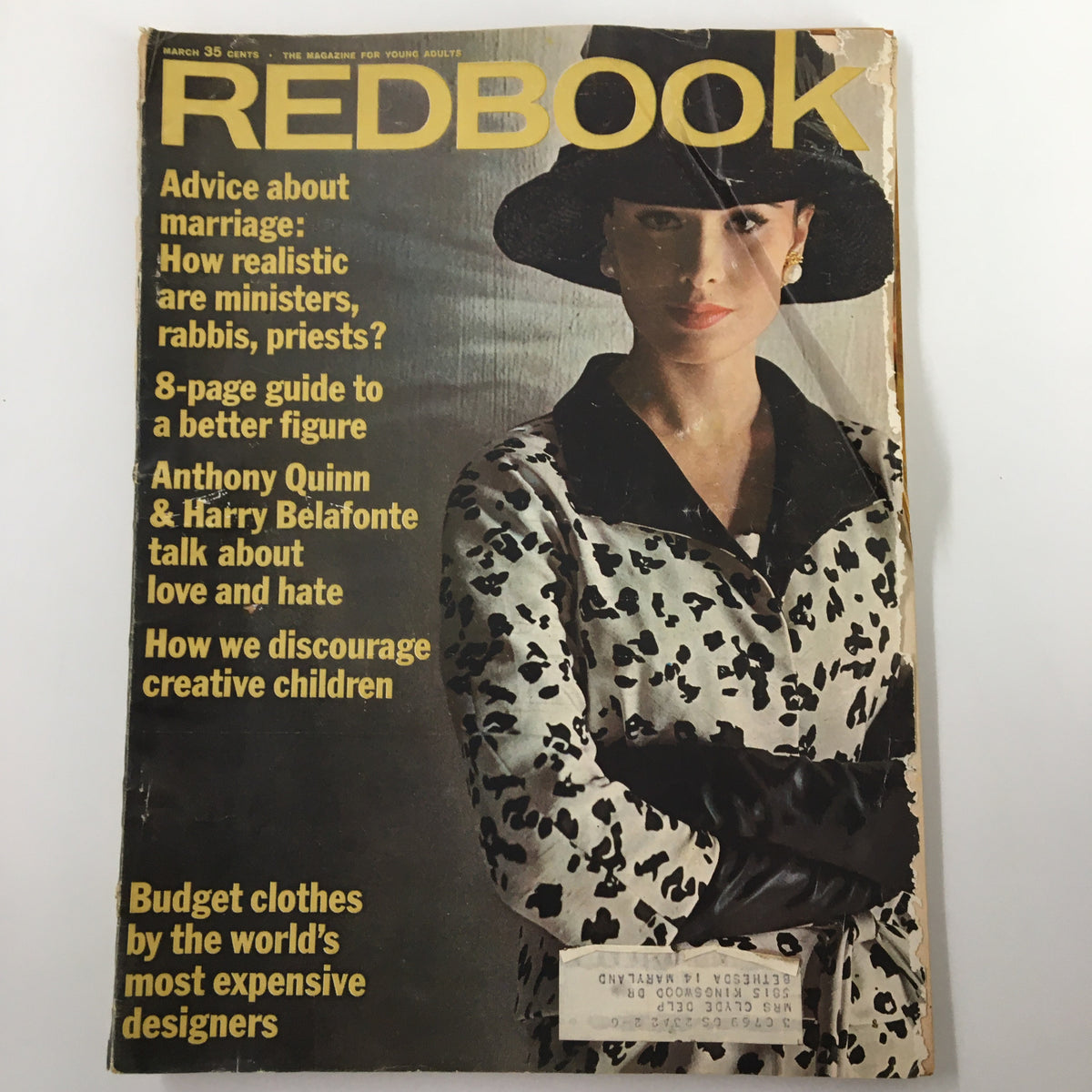 VTG Redbook Magazine March 1963 Cover featuring a stylish woman in a black hat and leopard print coat, highlighting articles about marriage advice and personal growth.