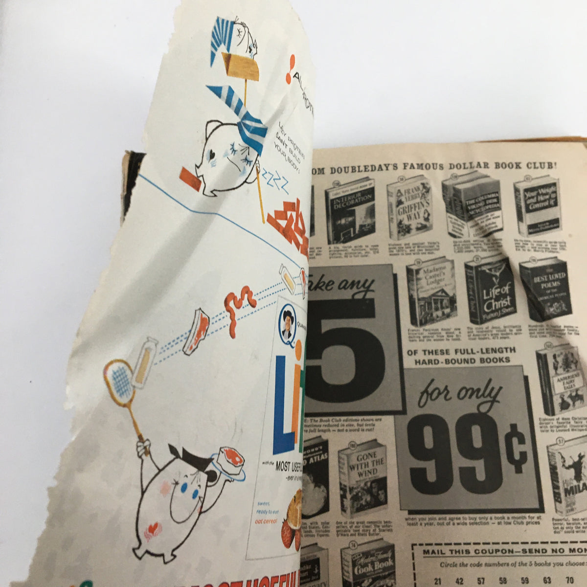 Vintage Redbook Magazine March 1963 illustrated pages featuring colorful graphics and an advertisement for Doubleday's famous dollar book club.
