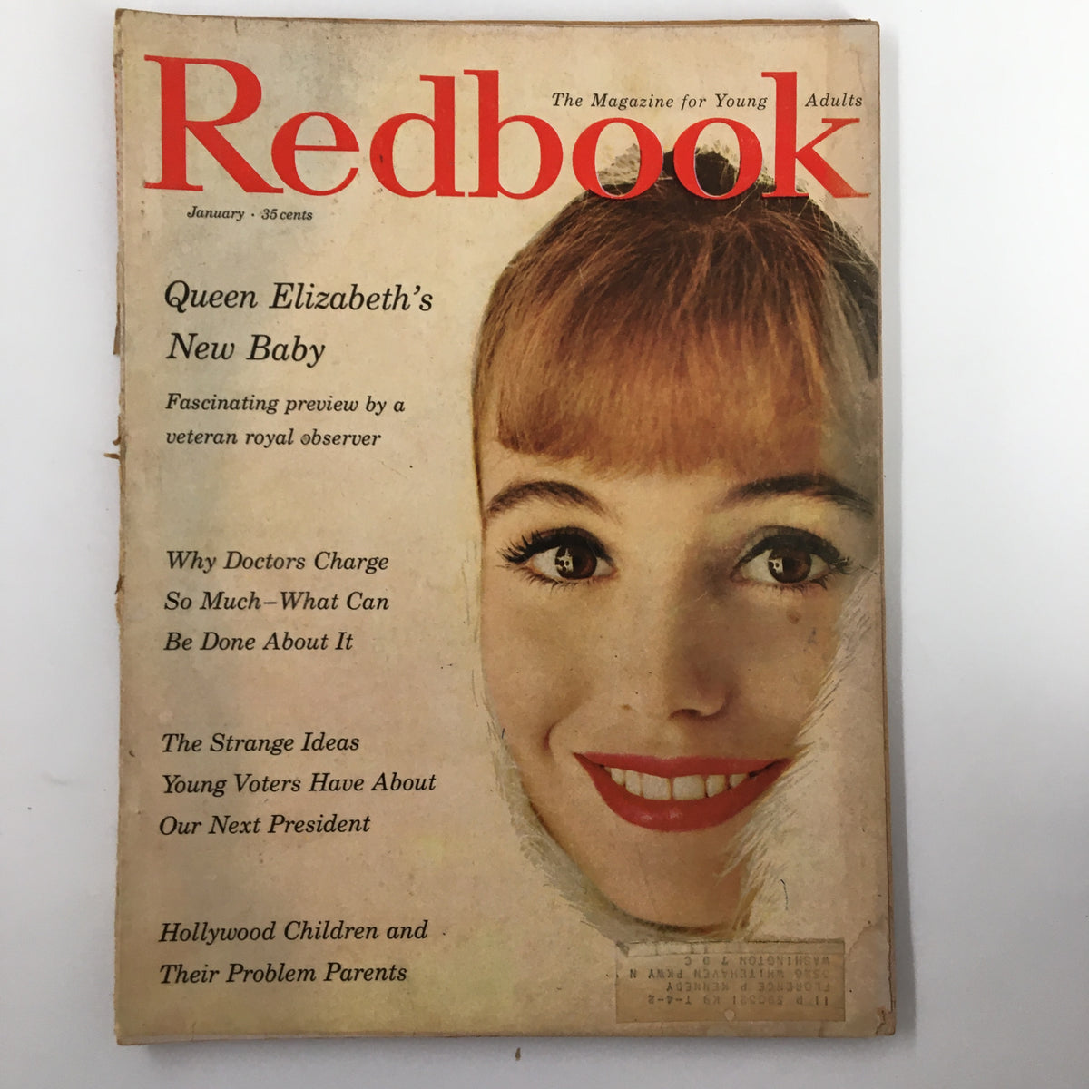 Cover of VTG Redbook Magazine from January 1960 featuring an article on Queen Elizabeth's new baby, showcasing vintage design and historical significance.