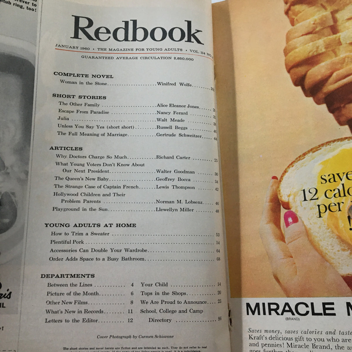 Table of contents from the VTG Redbook Magazine January 1960, highlighting key articles and features.