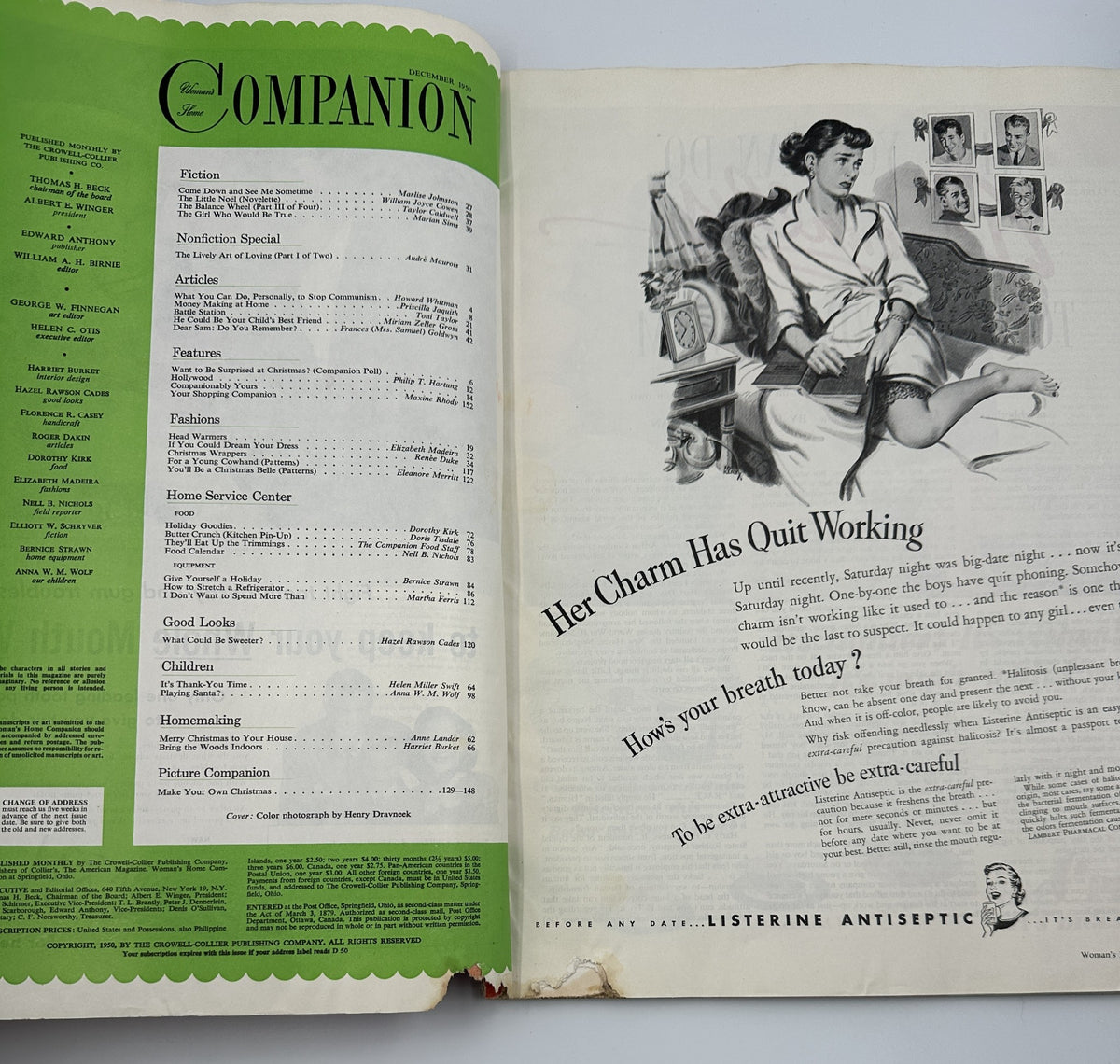 Interior page of Woman’s Home Companion Magazine December 1950 displaying a table of contents with a vintage advertisement, showcasing classic content from the holiday issue.