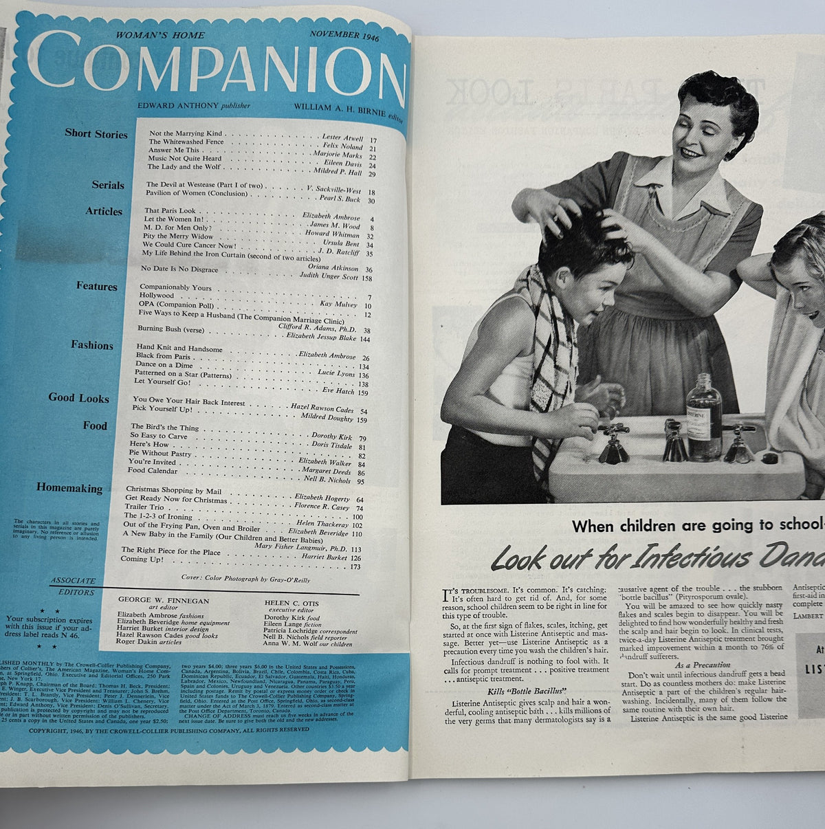 Woman's Home Companion Magazine November 1946 featuring articles, stories, and features relevant to the era, showcasing families and homemaking tips.