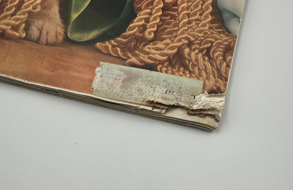Close-up of the edge of Woman’s Home Companion Magazine November 1946 cover, showing wear and tear, featuring a cat and the text 'The Devil at Westease' by V. Sackville-West.