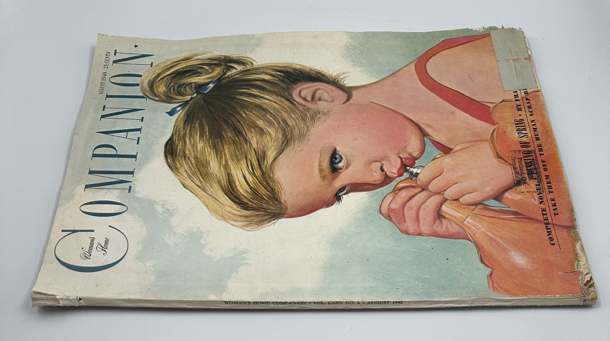 Alternate cover view of Woman's Home Companion Magazine August 1948 showcasing a close-up of a young girl with a ponytail holding a plastic bag, emphasizing the content 'Take Them Off the Human Scrap Heap'.