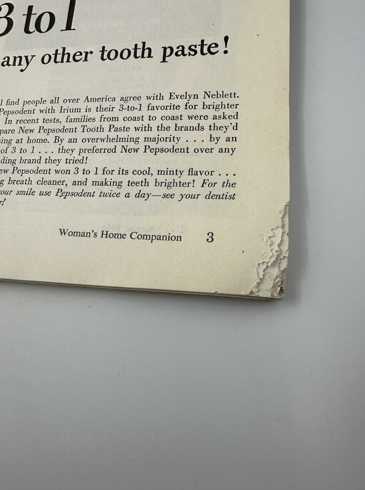 Back cover of Woman’s Home Companion Magazine August 1948 displaying an advertisement for a toothbrush brand, with a call to action for consumers to try the product. The magazine shows signs of age and wear.