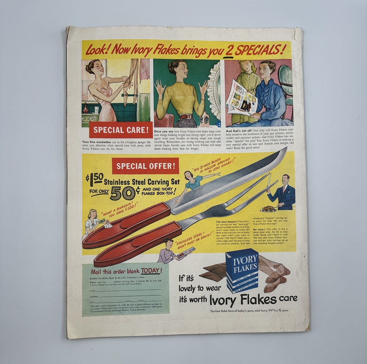 Promotional advertisement page from Woman’s Home Companion Magazine August 1948 for Ivory Flakes, showcasing special offers and product features. This page reveals vintage advertising design and content related to home care.