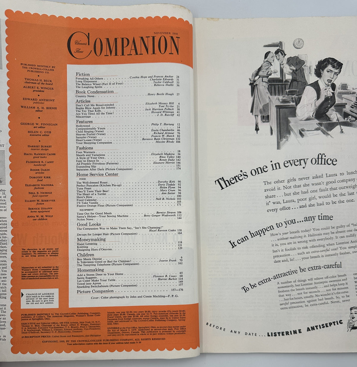 Inside page of Woman’s Home Companion Magazine, November 1950, with the table of contents listing articles including 'Country News,' 'Miscarriage,' and highlights of fiction and homemaking.