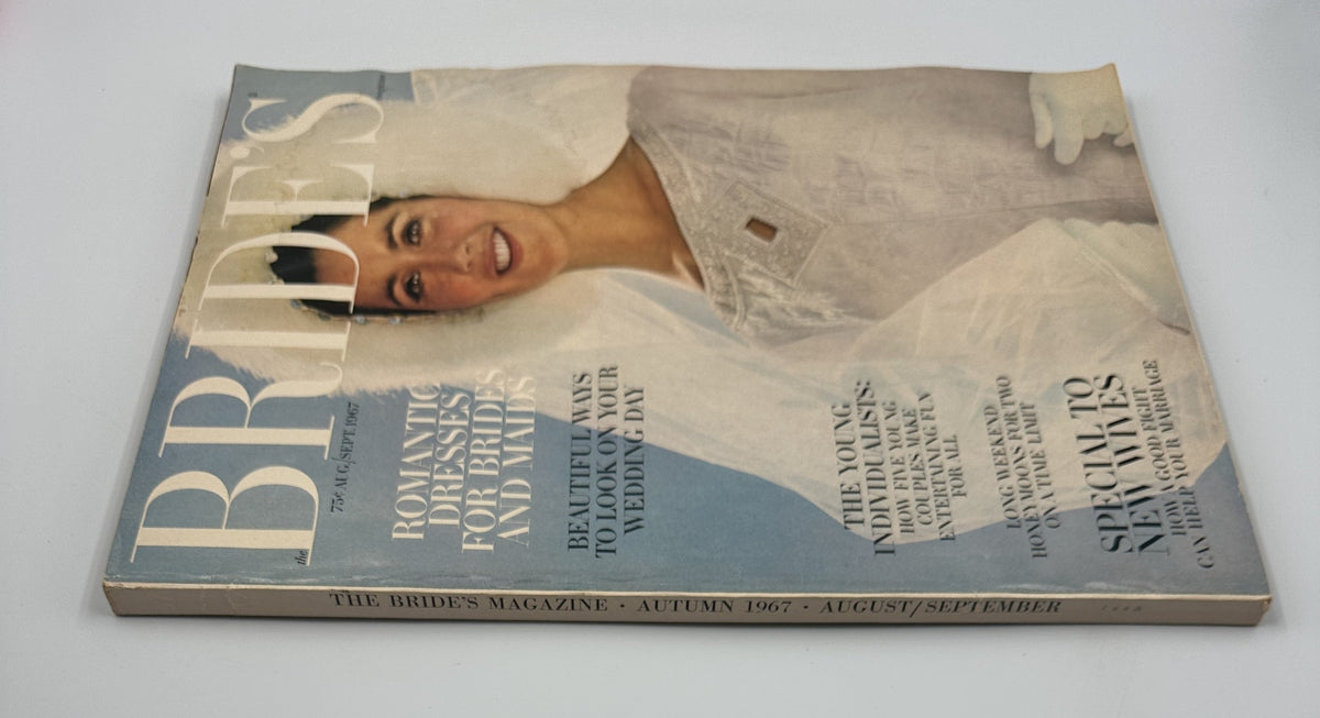 Bride's Magazine cover from August/September 1967 featuring a model in bridal attire with a large veil, showcasing romantic dresses.