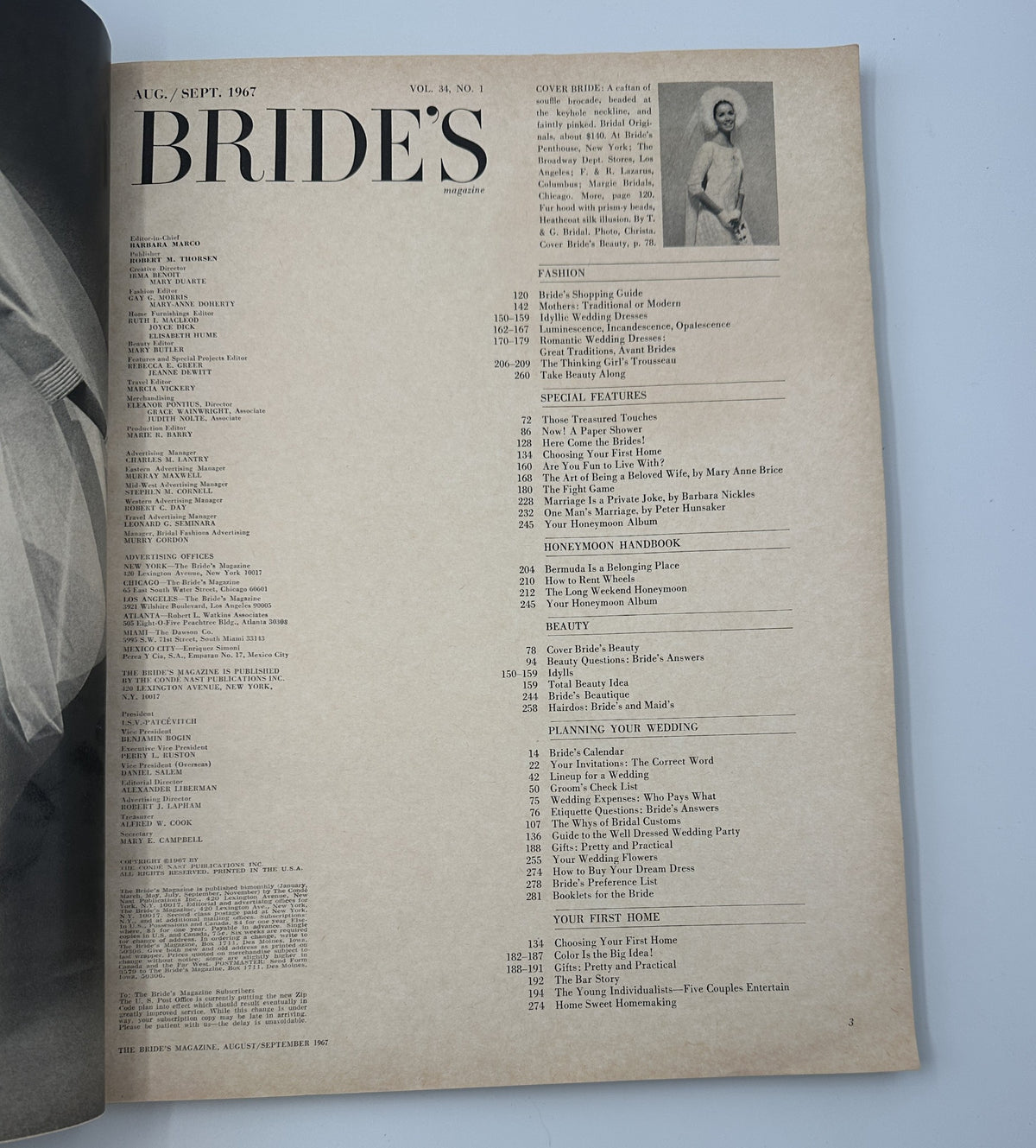 Table of contents page of Bride's Magazine August/September 1967, listing fashion, special features, and honeymoon advice.