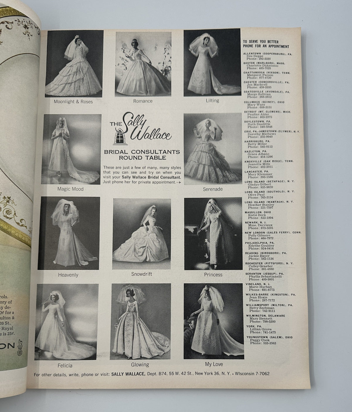 Advertisement page from Bride's Magazine August/September 1967 showcasing bridal gown options from Sally Wallace's bridal consultants.