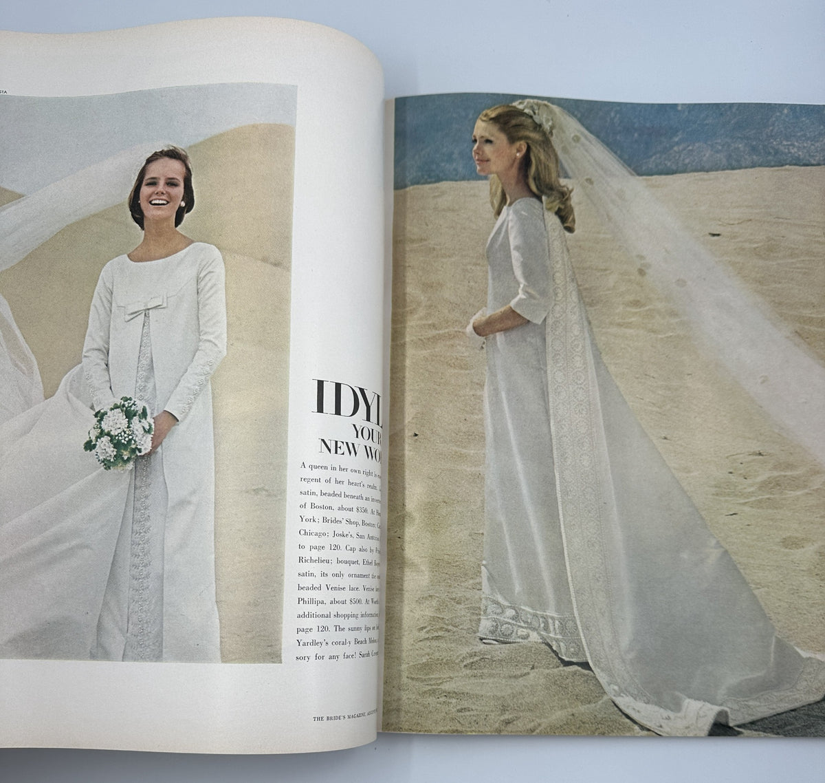Fashion spread from Bride's Magazine August/September 1967 displaying two wedding dresses in a beach setting, ideal for modern brides.