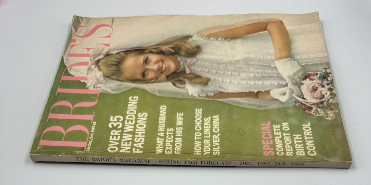 Cover of The Bride's Magazine Spring 1968 Forecast showing a bride in a veil with floral accents, emphasizing wedding fashions, insights for brides, and a focus on linen and silver china essentials.