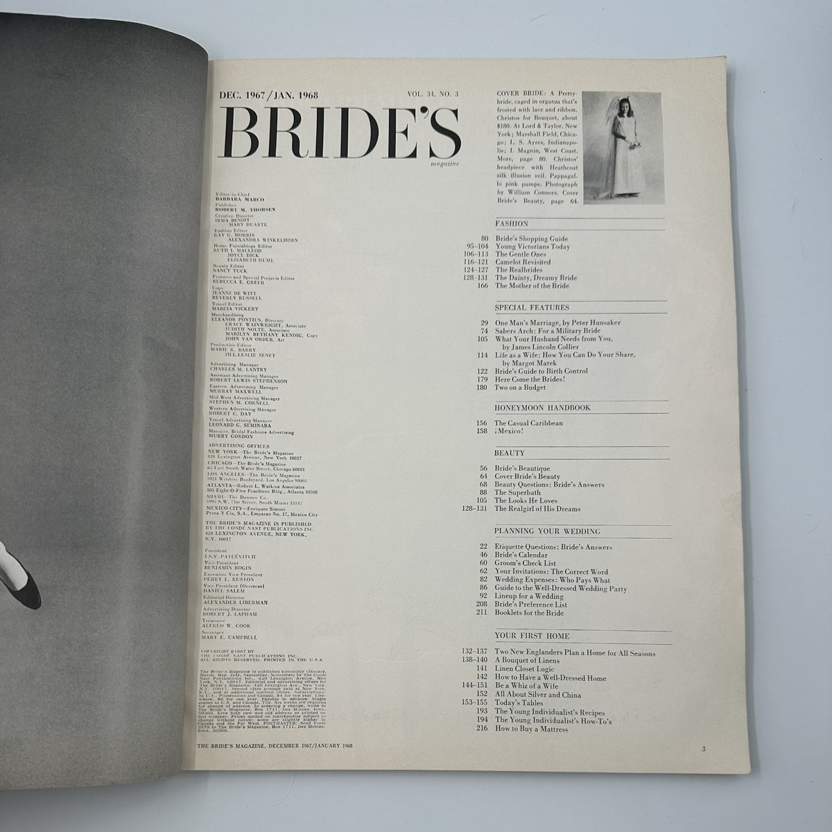 Inside page of Bride's Magazine December/January 1967-68 displaying the Table of Contents with sections on wedding planning, fashion, special features, beauty tips, and a comprehensive report on birth control.