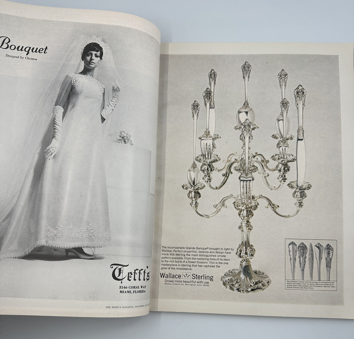Fashion feature from Bride's Magazine December/January 1967-68 showcasing a Bridal gown designed by C. J. B. and an elegant crystal candelabra from Wallace & Sterling.