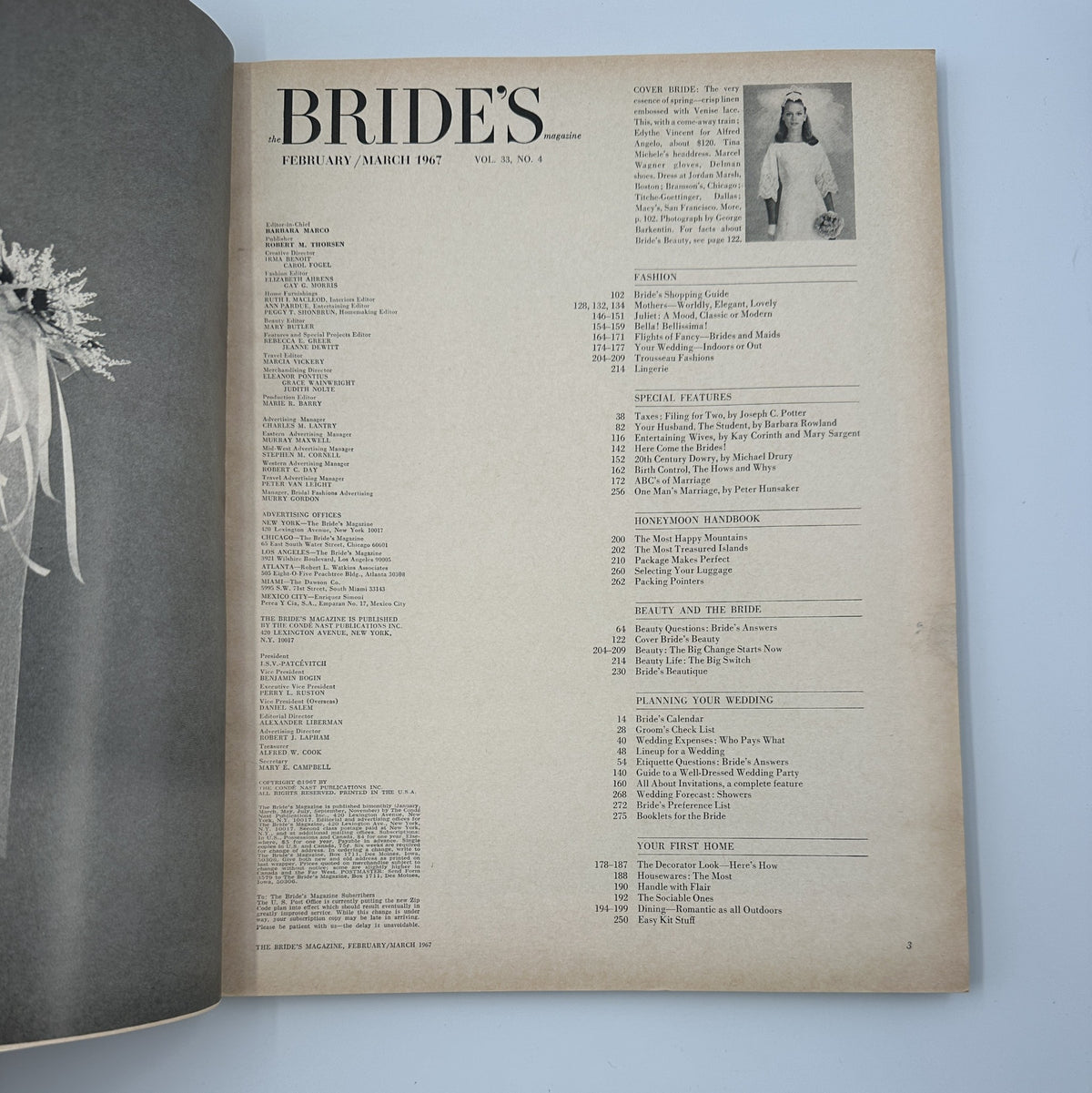 Table of contents page from Bride's Magazine February/March 1967, detailing sections on fashion, beauty, and wedding planning.