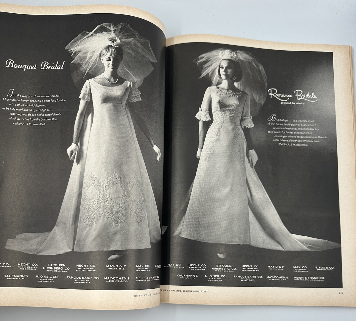Showcase of bridal wear in Bride's Magazine February/March 1967, featuring two models in exquisite wedding dresses, emphasizing the latest trends for brides.