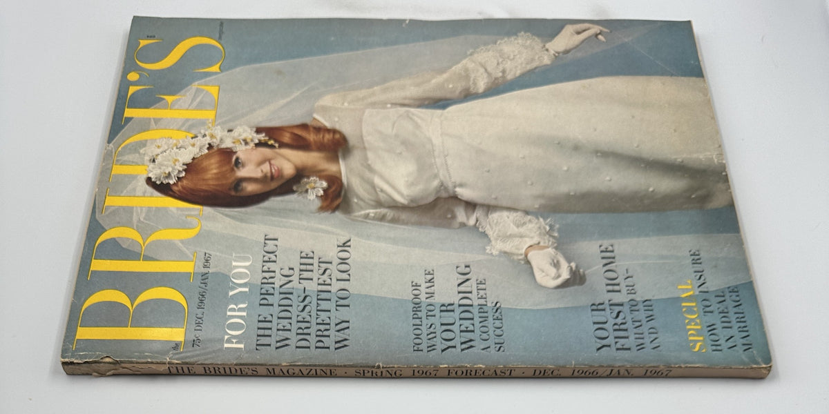 Cover of Bride's Magazine December 1966-January 1967 displaying a bride in a classic wedding gown, highlighting features on wedding planning and advice for a successful marriage.