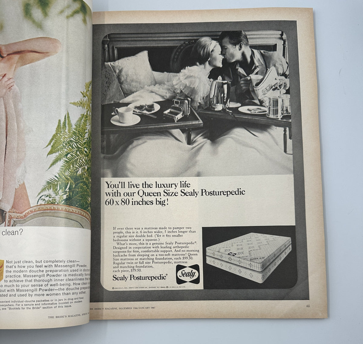 Advertisement for Sealy Posturepedic mattress in Bride's Magazine December 1966-January 1967, highlighting luxury living for newlyweds.
