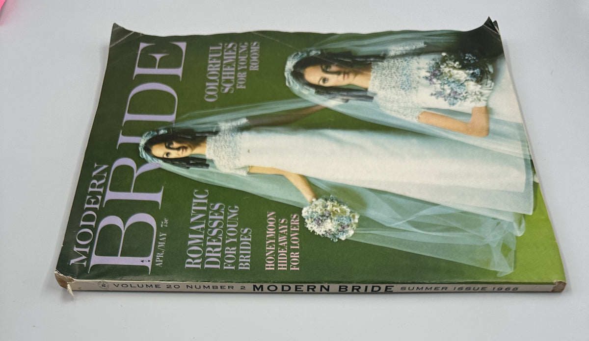 Side view of Modern Bride Magazine April/May 1968 showcasing the colorful schemes for young brides with a focus on bridal fashion.