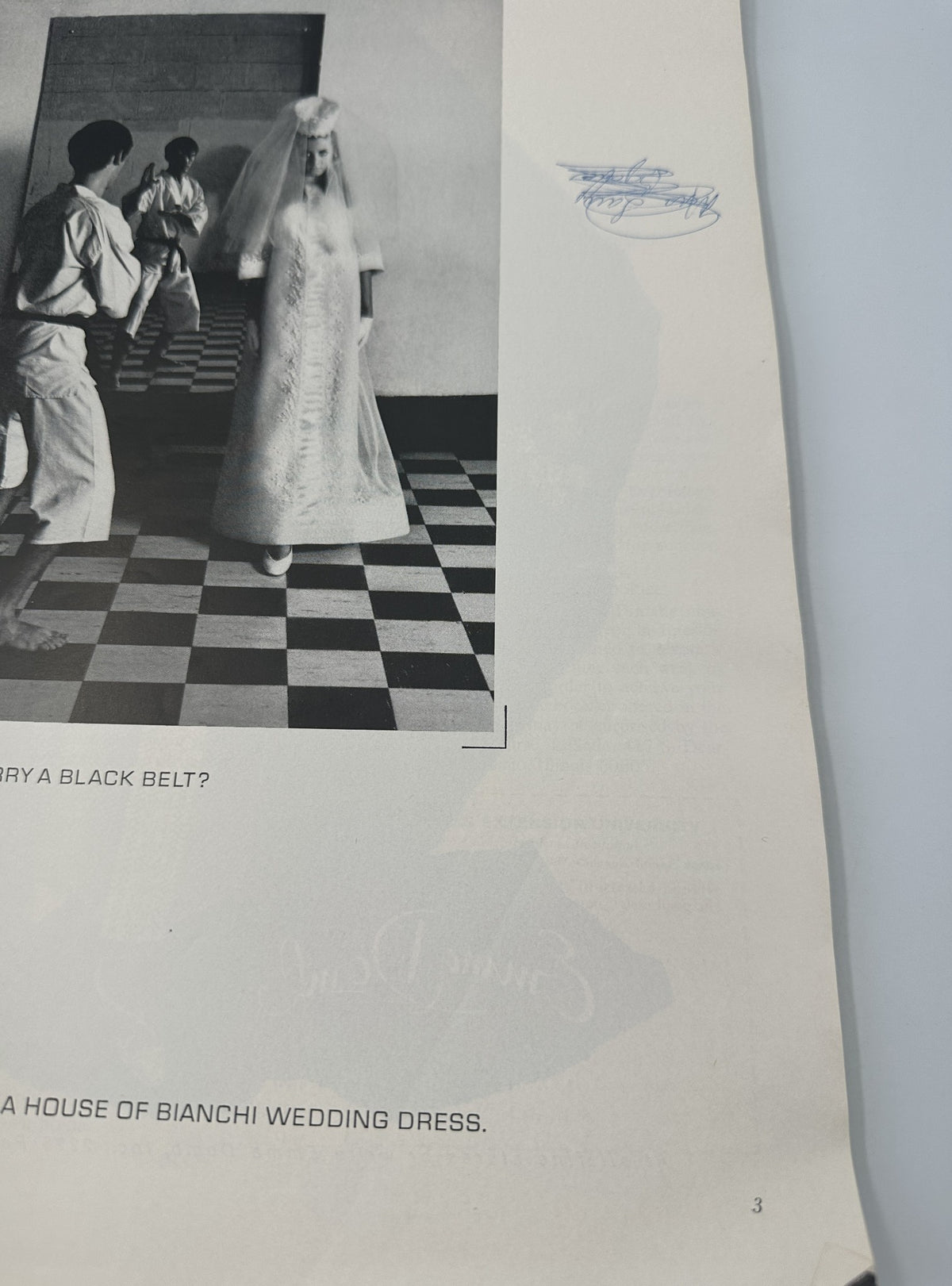 Close-up of a page from Modern Bride Magazine April/May 1968 illustrating a bride wearing a Bianchi wedding dress on a checkered floor, discussing marriage.