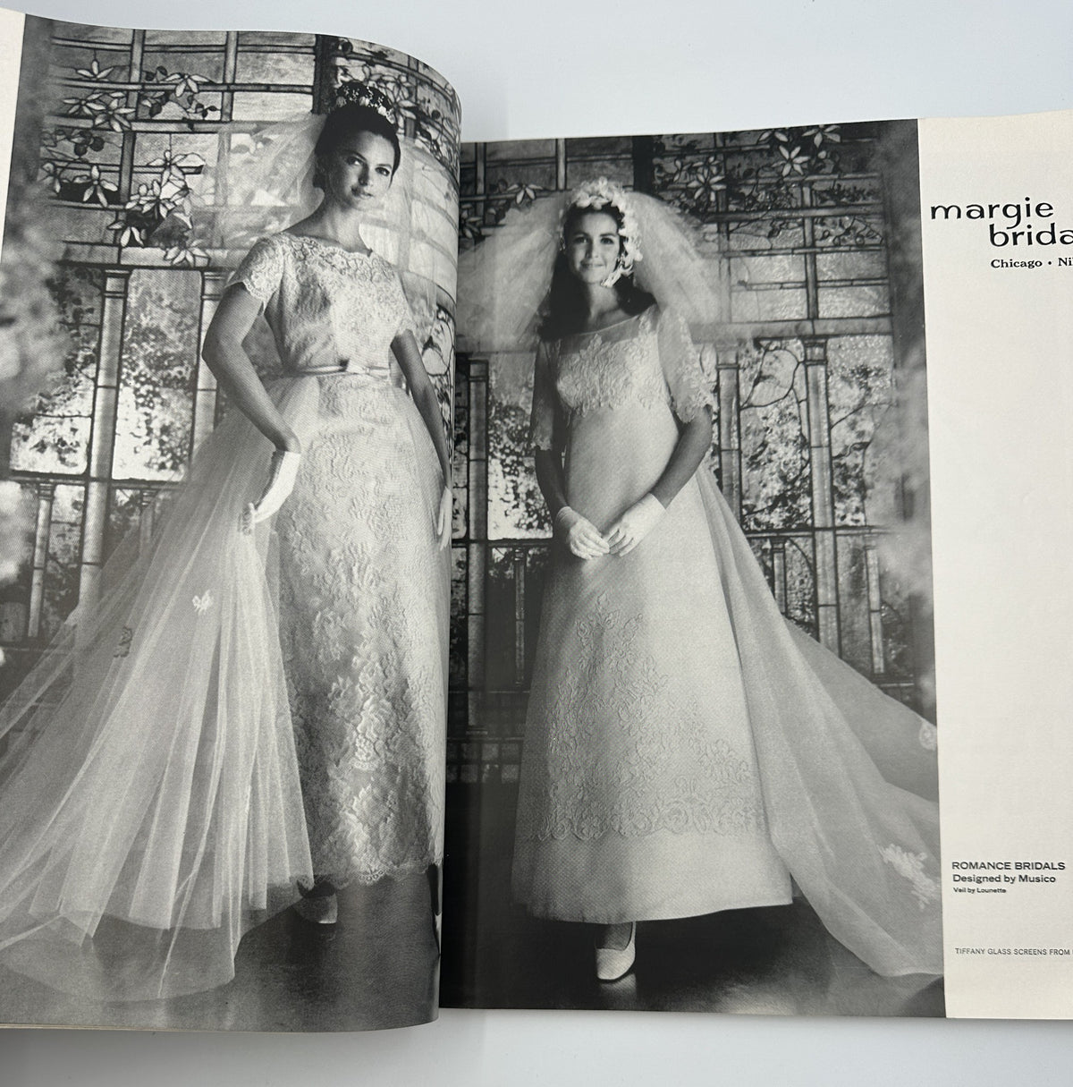Modern Bride Magazine April/May 1968 featuring romantic bridal dresses, showcasing two models in elegant wedding gowns with a vintage backdrop.