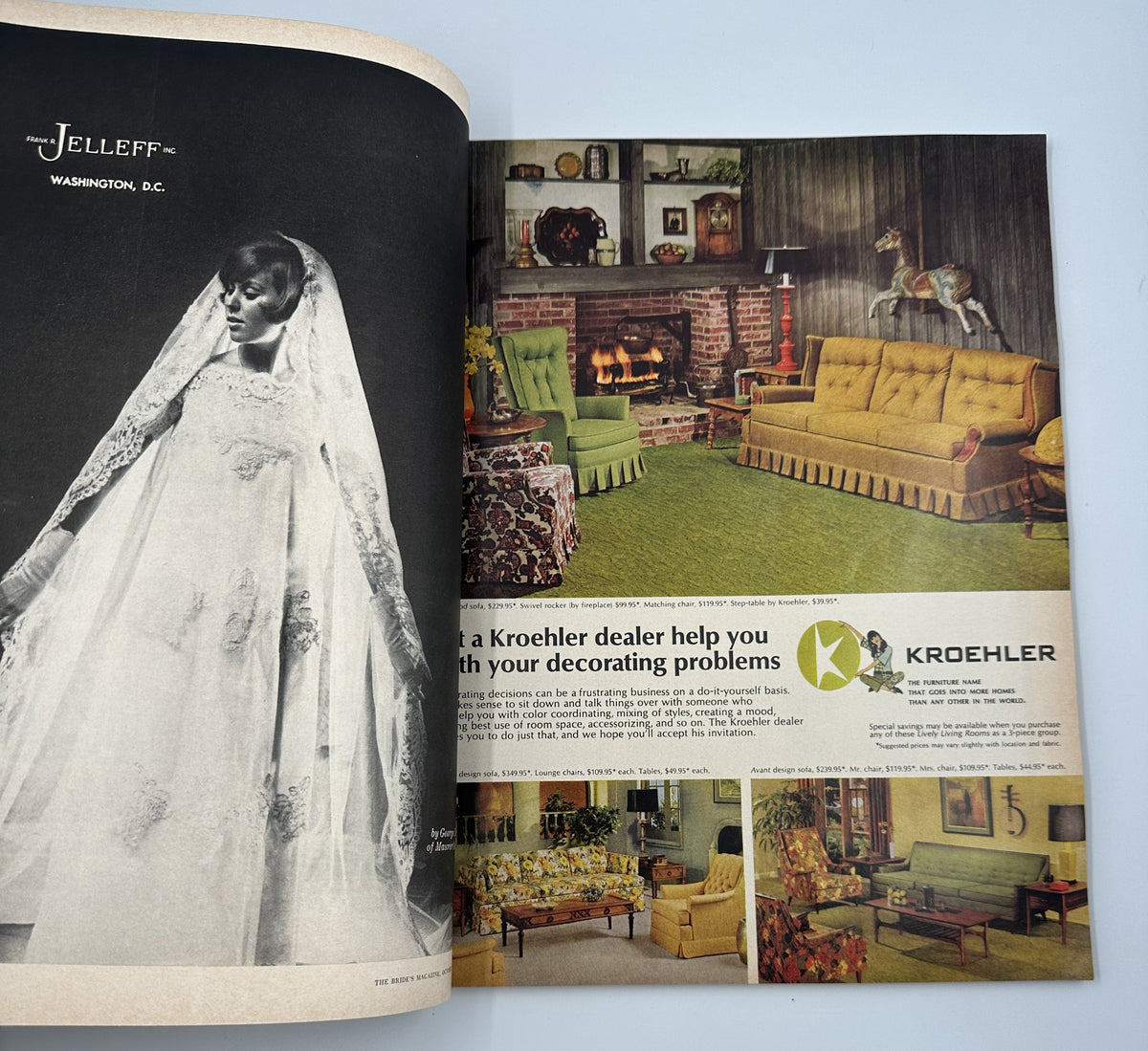 Bride's Magazine October/November 1967 with a vintage bridal gown advertisement alongside a living room featuring bright green decor.