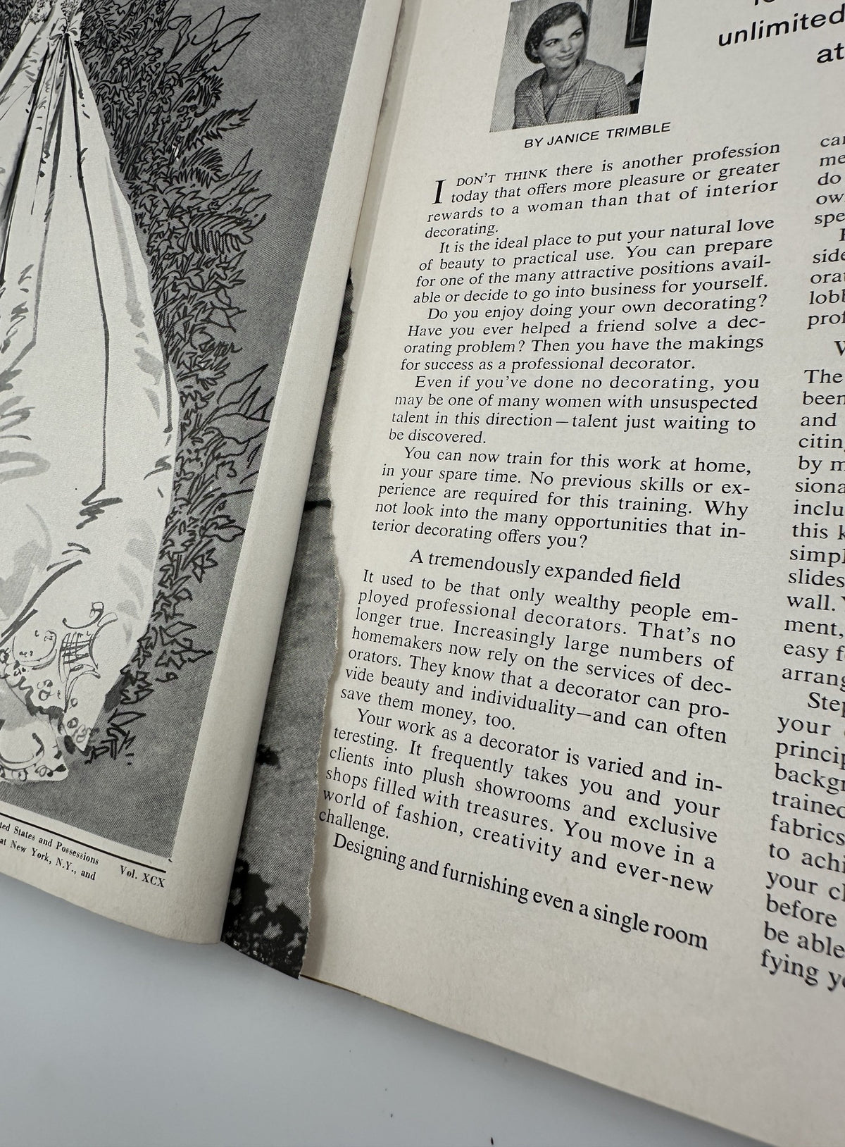 Detailed view of a second interior page from Bride & Home Magazine Spring Preview 1968, highlighting an article by Janice Trimble about home design and creativity.