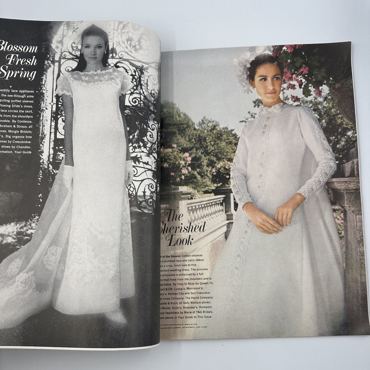 Bride & Home Magazine Spring Preview 1968 displays exquisite bridal gowns, featuring the 'Cherished Look' showcasing elegant details for spring brides.