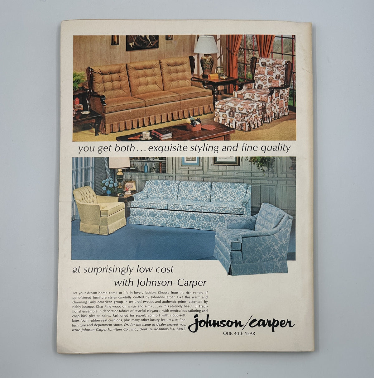 Bride & Home Magazine Spring Preview 1968 includes a stylish advertisement for Johnson-Carper furniture, emphasizing affordability and quality for home decor.