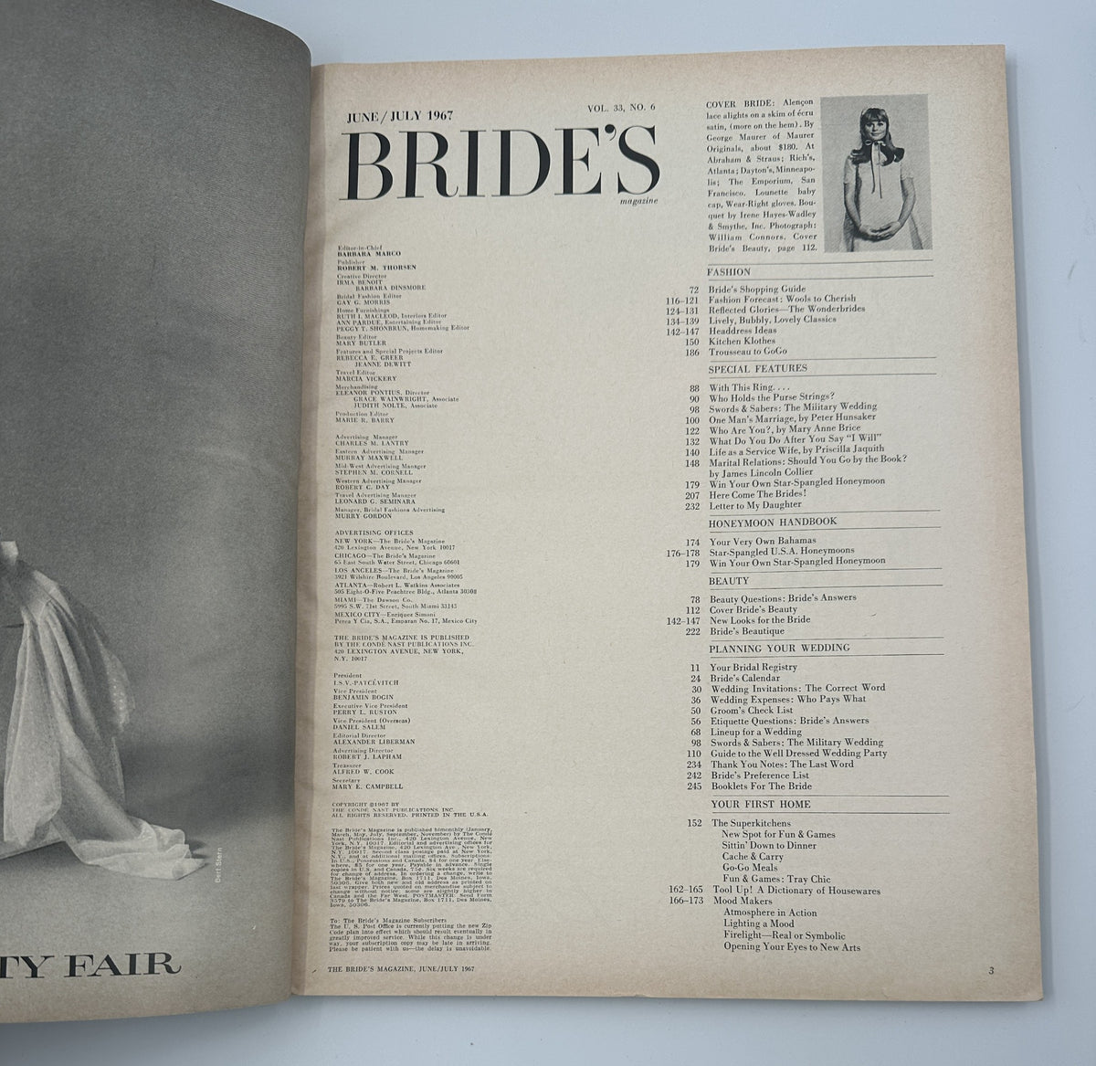 Table of contents from Bride's Magazine June/July 1967, showcasing wedding planning features and articles on beauty and fashion.