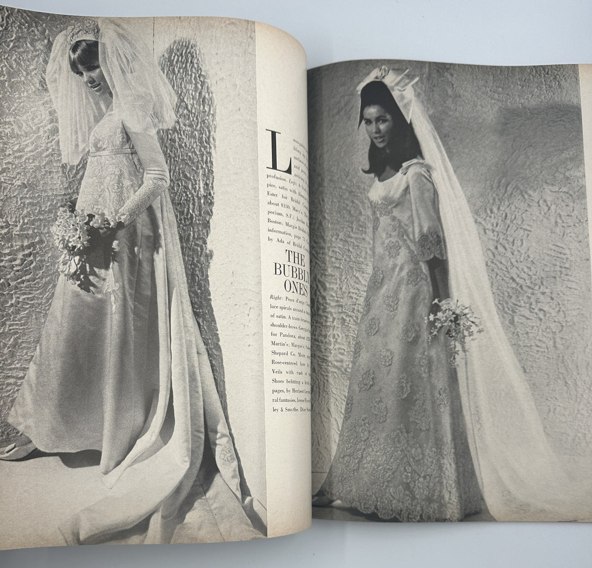 Photos of brides in wedding dresses with veils and bouquets from Bride's Magazine June/July 1967, illustrating elegant bridal styles.