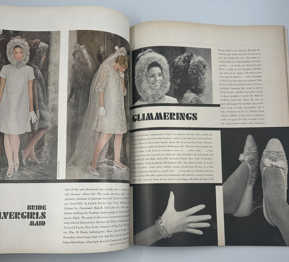 Fashion feature in Bride's Magazine June/July 1967, showcasing a bride and maid of honor in stylish attire with detailed accessories.